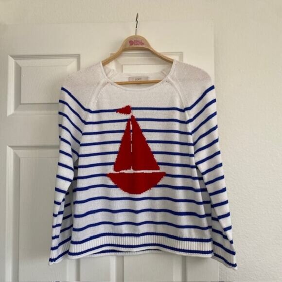 The Loft Pullover Sweater Red Sailboat over Blue & White Stripes Women's Large - Picture 1 of 12